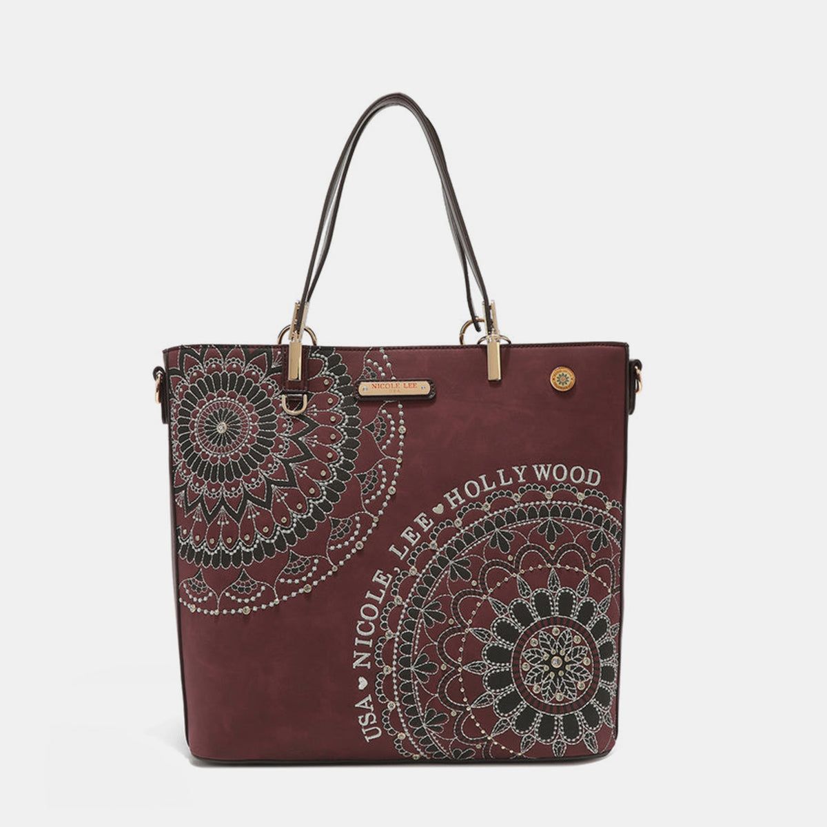 Nicole Lee USA Metallic Stitching Embroidery Inlaid Rhinestone Tote Bag us.meeeshop - 