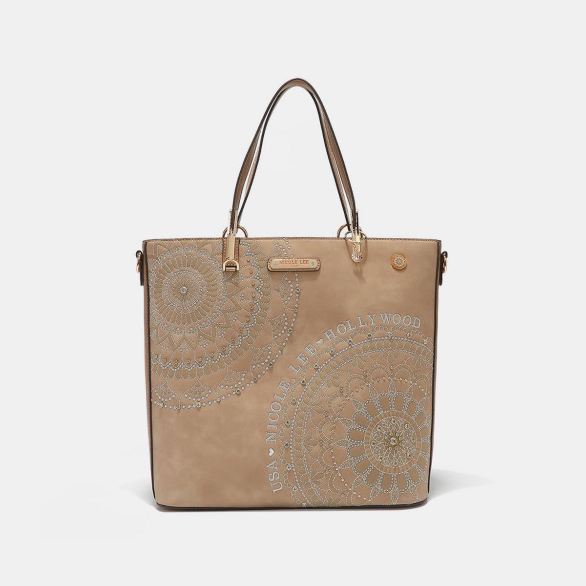 Nicole Lee USA Metallic Stitching Embroidery Inlaid Rhinestone Tote Bag us.meeeshop - 