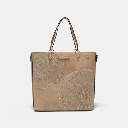 Nicole Lee USA Metallic Stitching Embroidery Inlaid Rhinestone Tote Bag us.meeeshop - 