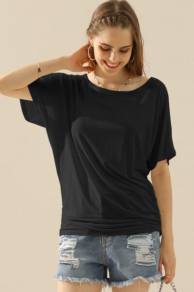 Ninexis Boat Neck Short Sleeve Ruched Side Top us.meeeshop - Shirts & Tops