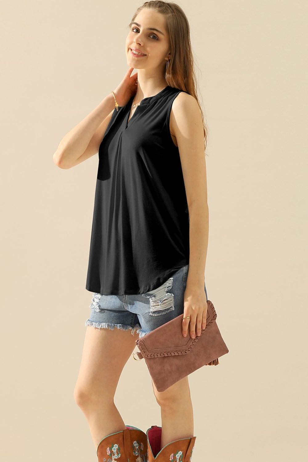 Ninexis Full Size Notched Sleeveless Top us.meeeshop - Shirts & Tops