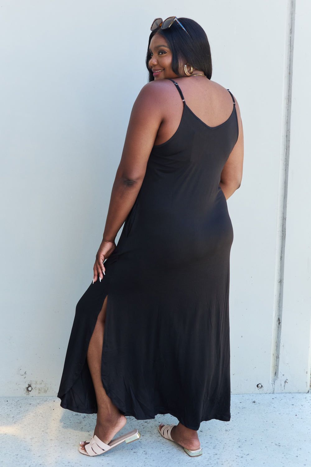 Ninexis Good Energy Full Size Cami Side Slit Maxi Dress in Black us.meeeshop - 