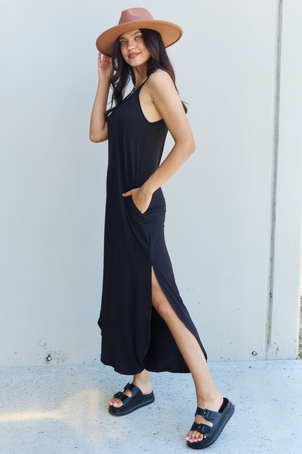 Ninexis Good Energy Full Size Cami Side Slit Maxi Dress in Black | us.meeeshop