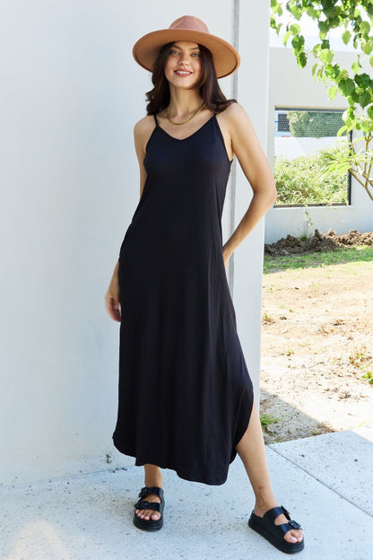 Ninexis Good Energy Full Size Cami Side Slit Maxi Dress in Black us.meeeshop - 