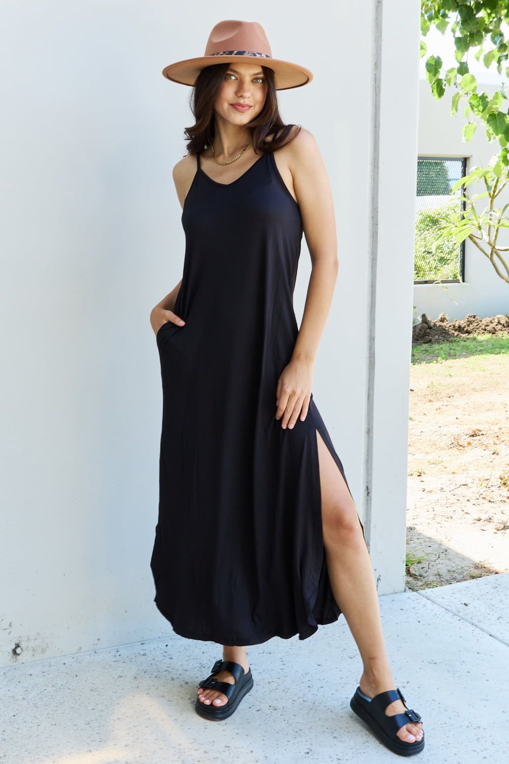 Ninexis Good Energy Full Size Cami Side Slit Maxi Dress in Black us.meeeshop - 