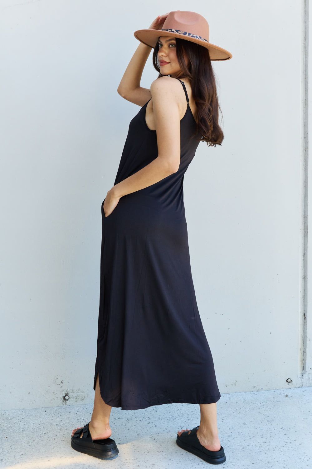 Ninexis Good Energy Full Size Cami Side Slit Maxi Dress in Black us.meeeshop - 