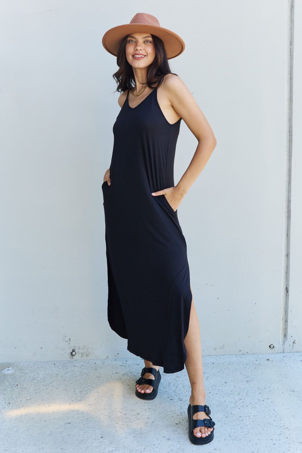 Ninexis Good Energy Full Size Cami Side Slit Maxi Dress in Black us.meeeshop - 