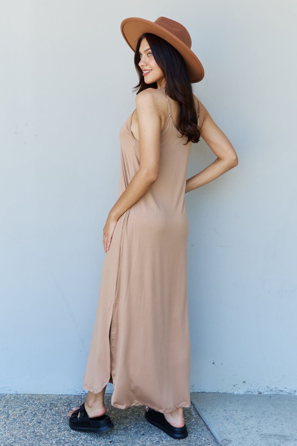 Ninexis Good Energy Full Size Cami Side Slit Maxi Dress in Camel us.meeeshop - 