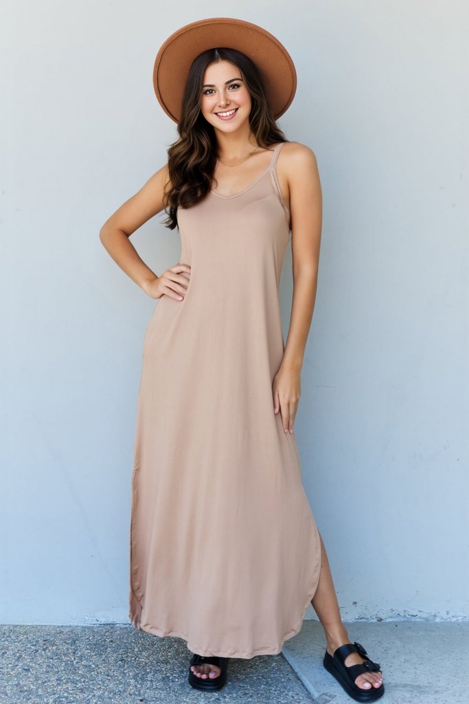 Ninexis Good Energy Full Size Cami Side Slit Maxi Dress in Camel | us.meeeshop