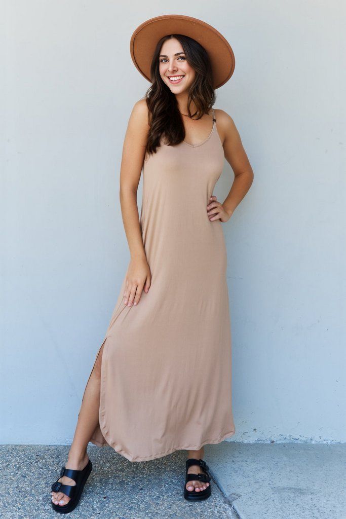 Ninexis Good Energy Full Size Cami Side Slit Maxi Dress in Camel us.meeeshop - 