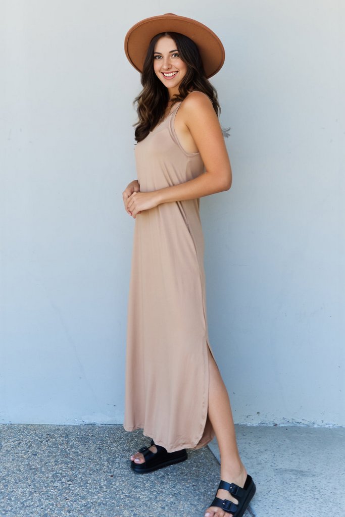 Ninexis Good Energy Full Size Cami Side Slit Maxi Dress in Camel | us.meeeshop