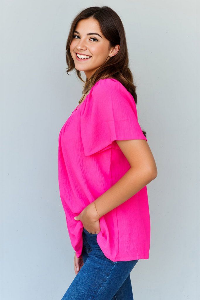 Ninexis Keep Me Close Square Neck Short Sleeve Blouse in Fuchsia us.meeeshop - 