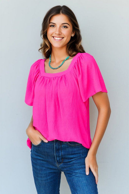 Ninexis Keep Me Close Square Neck Short Sleeve Blouse in Fuchsia us.meeeshop - Shirts & Tops