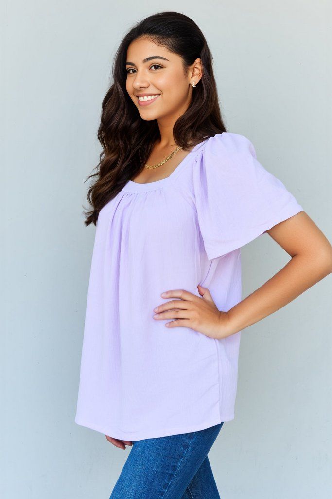 Ninexis Keep Me Close Square Neck Short Sleeve Blouse in Lavender us.meeeshop - 