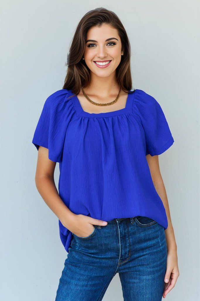 Ninexis Keep Me Close Square Neck Short Sleeve Blouse in Royal us.meeeshop - Shirts & Tops