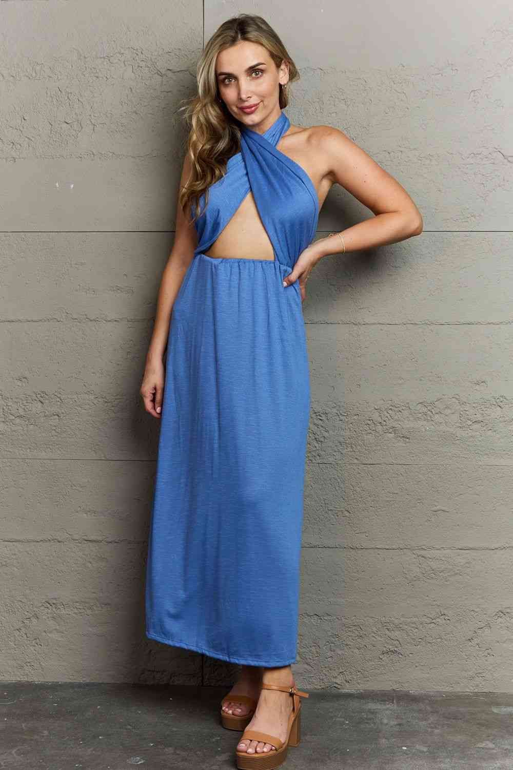 Ninexis Know Your Worth Criss Cross Halter Neck Maxi Dress us.meeeshop - Dresses