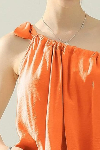 Ninexis One Shoulder Bow Tie Strap Satin Silk Top us.meeeshop - 