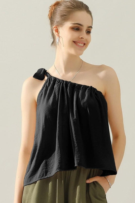 Ninexis One Shoulder Bow Tie Strap Satin Silk Top us.meeeshop - Shirts & Tops