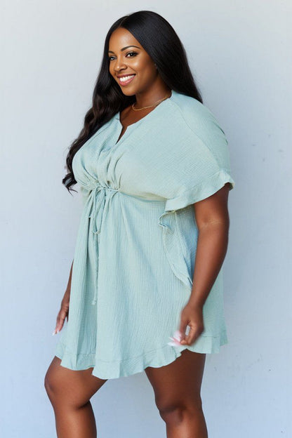 Ninexis Out Of Time Full Size Ruffle Hem Dress with Drawstring Waistband in Light Sage us.meeeshop - 