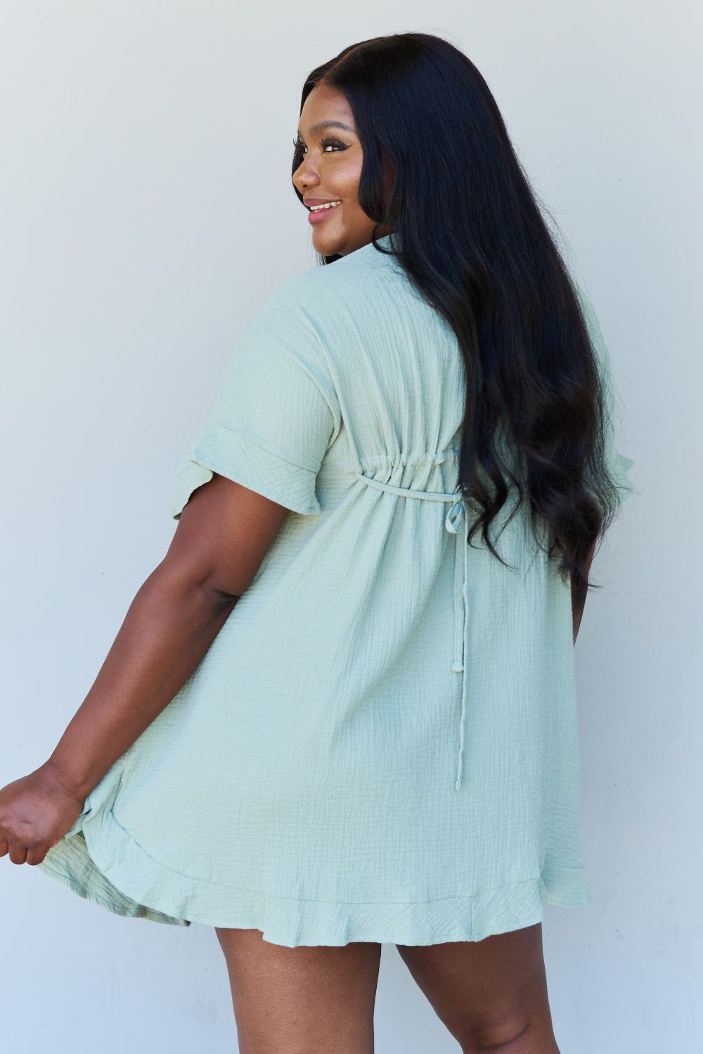 Ninexis Out Of Time Full Size Ruffle Hem Dress with Drawstring Waistband in Light Sage us.meeeshop - 