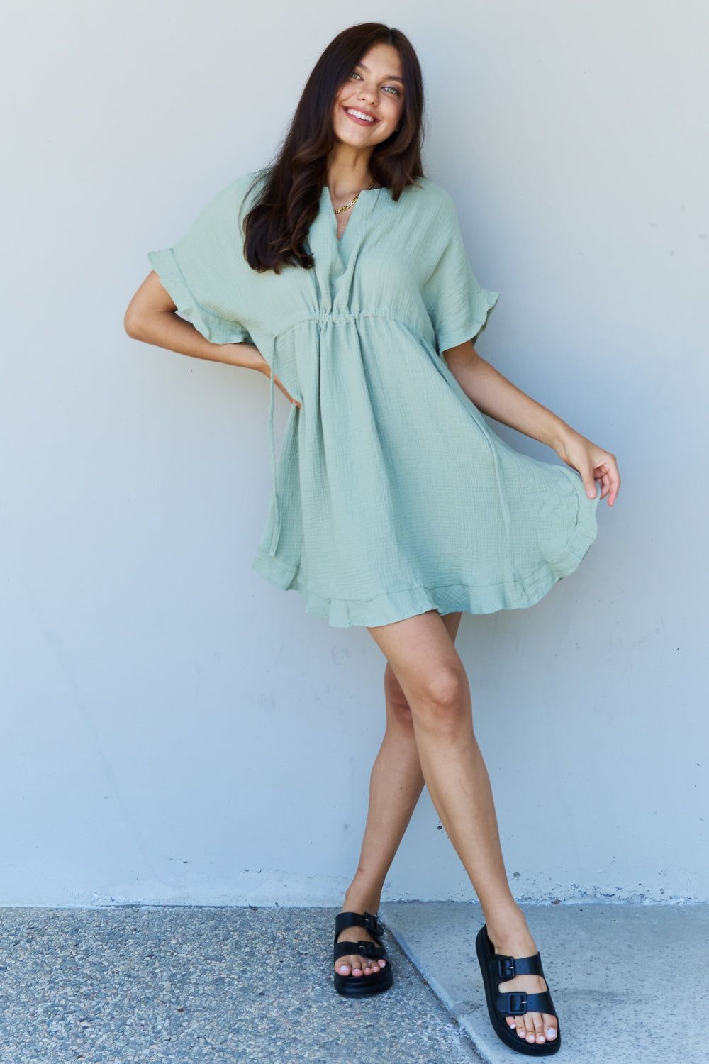 Ninexis Out Of Time Full Size Ruffle Hem Dress with Drawstring Waistband in Light Sage us.meeeshop - 