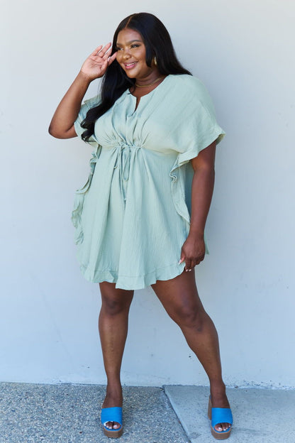 Ninexis Out Of Time Full Size Ruffle Hem Dress with Drawstring Waistband in Light Sage us.meeeshop - 