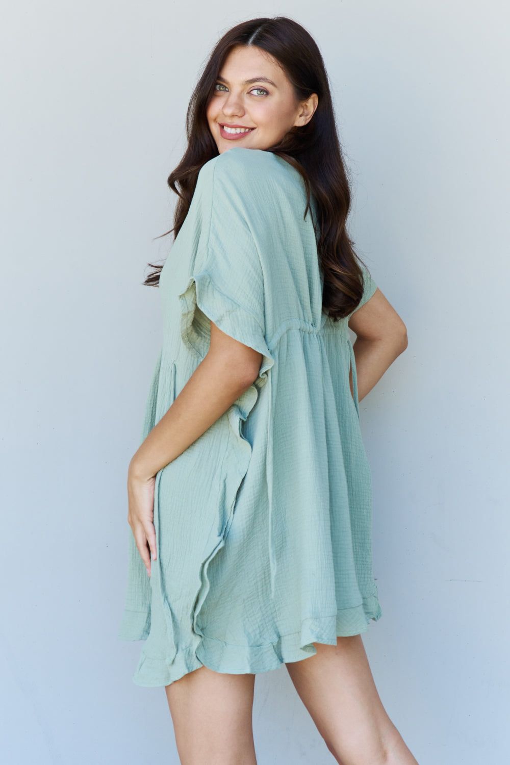 Ninexis Out Of Time Full Size Ruffle Hem Dress with Drawstring Waistband in Light Sage us.meeeshop - 