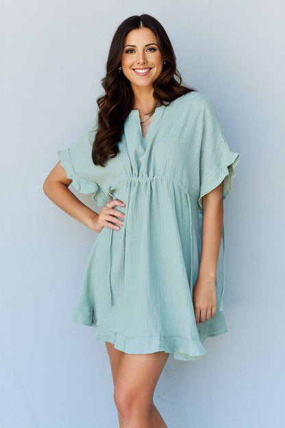 Ninexis Out Of Time Full Size Ruffle Hem Dress with Drawstring Waistband in Light Sage us.meeeshop - 