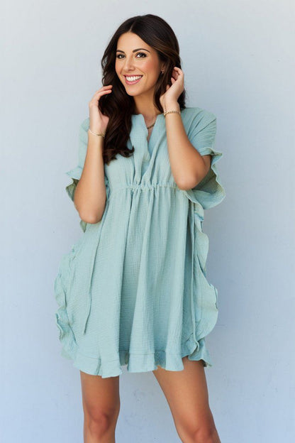 Ninexis Out Of Time Full Size Ruffle Hem Dress with Drawstring Waistband in Light Sage us.meeeshop - 