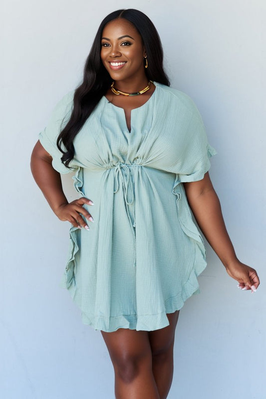 Ninexis Out Of Time Full Size Ruffle Hem Dress with Drawstring Waistband in Light Sage | us.meeeshop