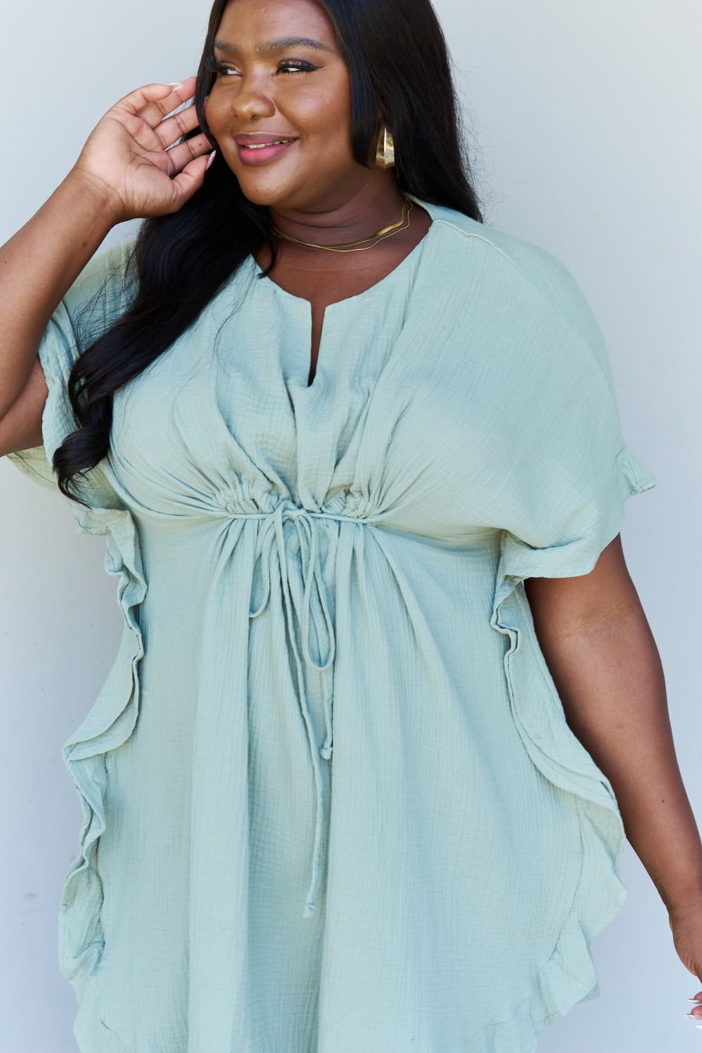 Ninexis Out Of Time Full Size Ruffle Hem Dress with Drawstring Waistband in Light Sage us.meeeshop - 