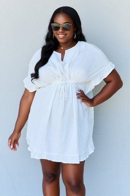 Ninexis Out Of Time Full Size Ruffle Hem Dress with Drawstring Waistband in White us.meeeshop - 