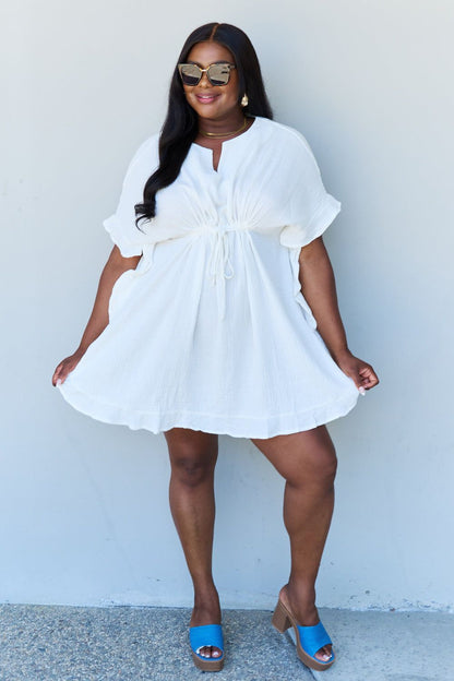 Ninexis Out Of Time Full Size Ruffle Hem Dress with Drawstring Waistband in White us.meeeshop - 