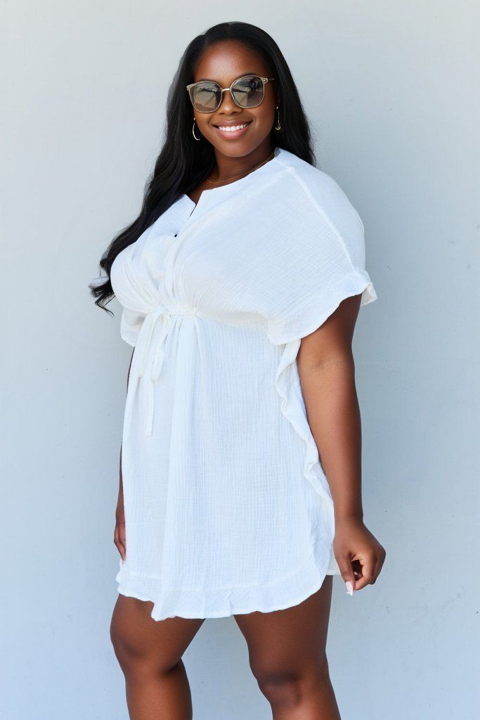 Ninexis Out Of Time Full Size Ruffle Hem Dress with Drawstring Waistband in White us.meeeshop - 