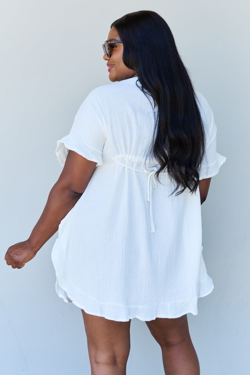 Ninexis Out Of Time Full Size Ruffle Hem Dress with Drawstring Waistband in White us.meeeshop - 