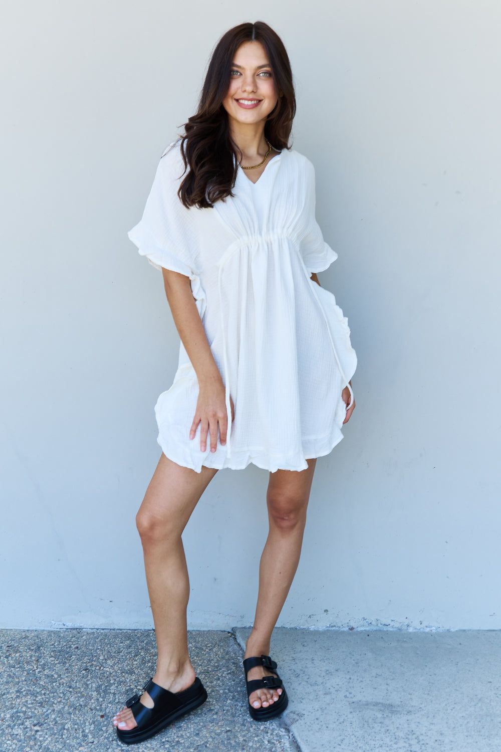 Ninexis Out Of Time Full Size Ruffle Hem Dress with Drawstring Waistband in White us.meeeshop - 