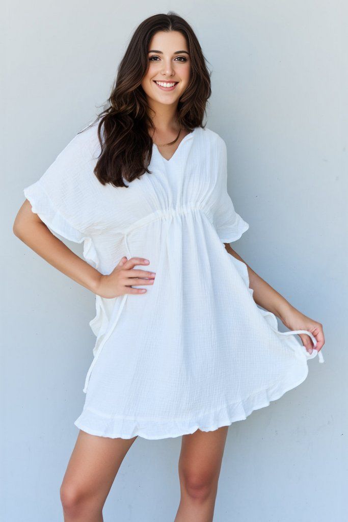 Ninexis Out Of Time Full Size Ruffle Hem Dress with Drawstring Waistband in White us.meeeshop - Dresses