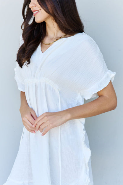 Ninexis Out Of Time Full Size Ruffle Hem Dress with Drawstring Waistband in White us.meeeshop - 