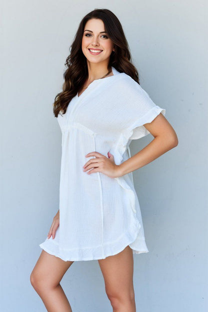 Ninexis Out Of Time Full Size Ruffle Hem Dress with Drawstring Waistband in White us.meeeshop - 