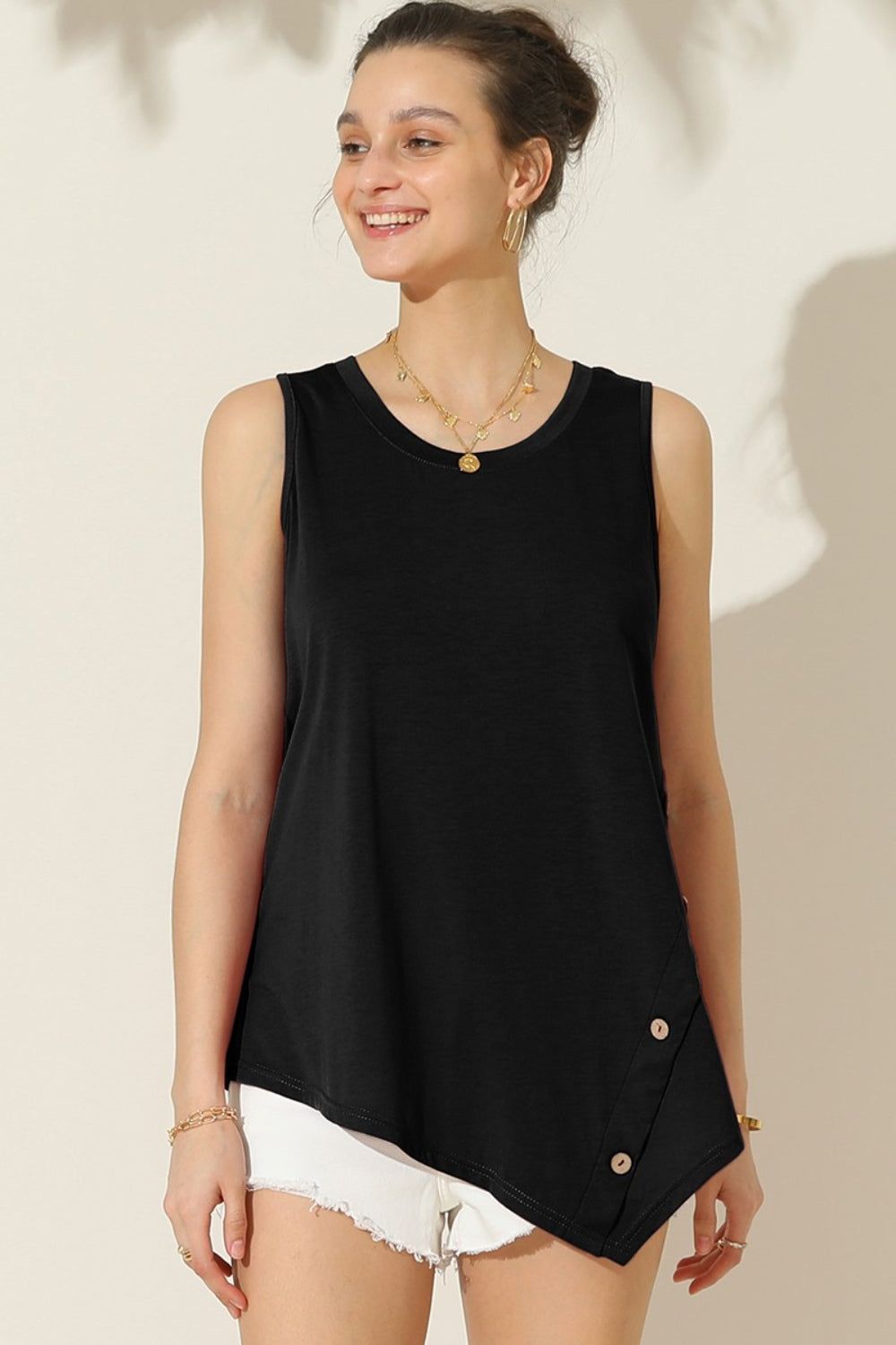 Ninexis Round Neck Button Side Tank us.meeeshop - Shirts & Tops