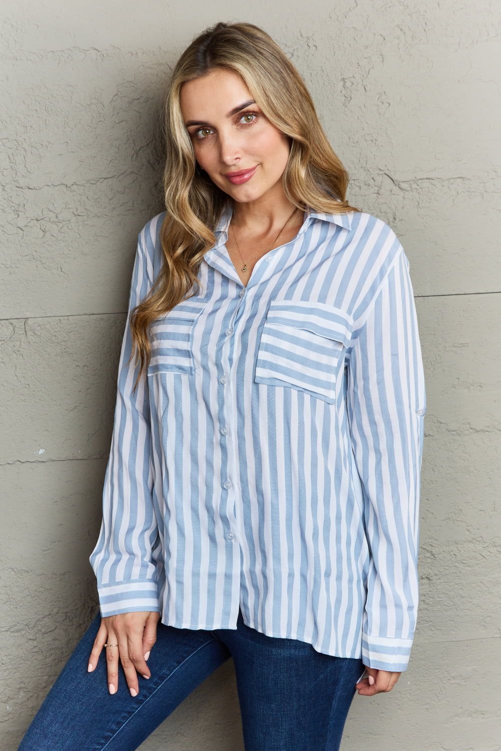 Ninexis | Take Your Time Collared Button Down Striped Shirt us.meeeshop - 