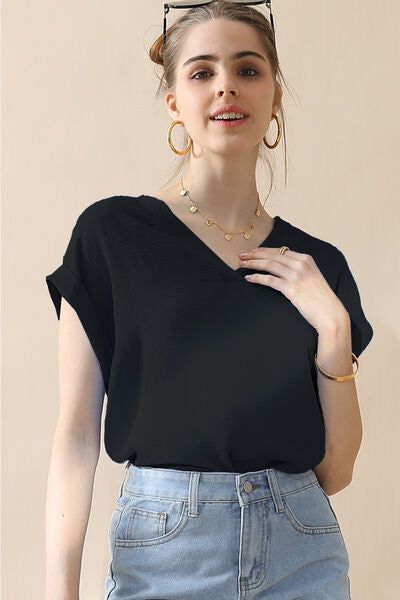 Ninexis V-Neck Trim Rolled Short Sleeve Shirt us.meeeshop - 