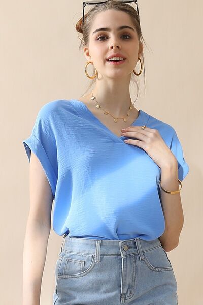 Ninexis V-Neck Trim Rolled Short Sleeve Shirt us.meeeshop - Shirts & Tops