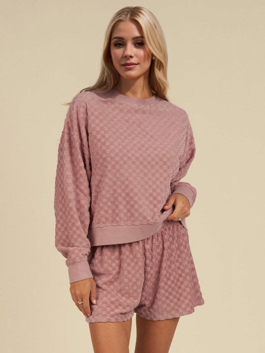 OH Checkered Round Neck Long Sleeve Top and Shorts Set us.meeeshop - Loungewear