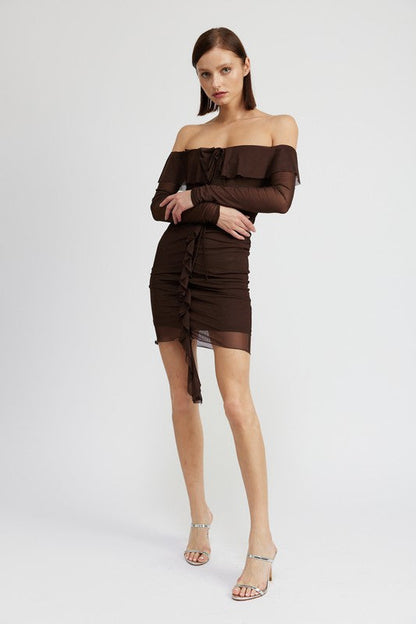 Off Shoulder Mini Dress With Ruffle Detail | us.meeeshop