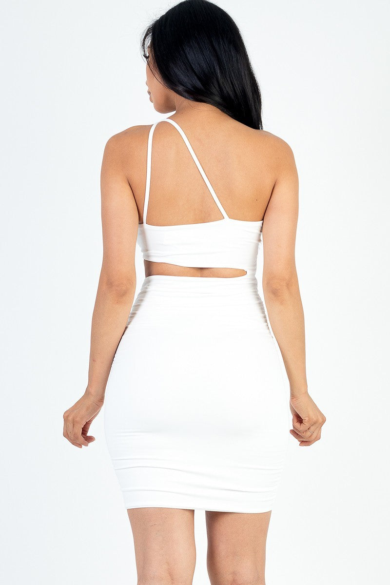 One Shoulder Cut-out Front Ruched Bodycon Mini Dress | us.meeeshop