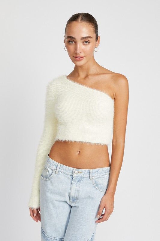 One Shoulder Fluffy Sweater Top us.meeeshop - Shirts & Tops