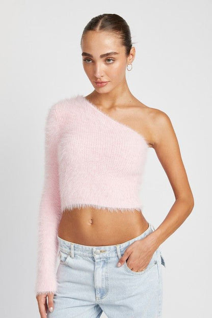 One Shoulder Fluffy Sweater Top us.meeeshop - 