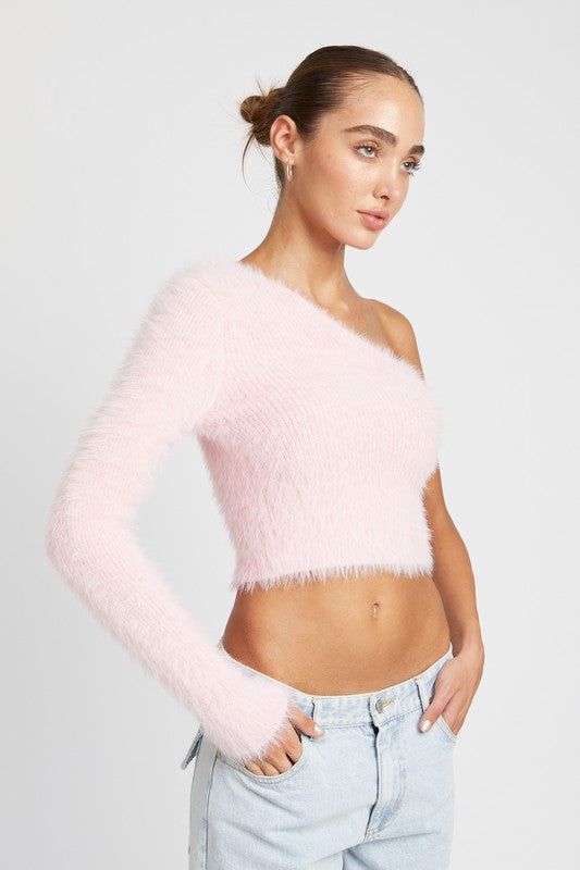 One Shoulder Fluffy Sweater Top us.meeeshop - 