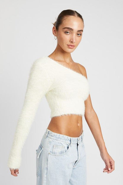 Women's One Shoulder Fluffy Sweater Top - us.meeeshop